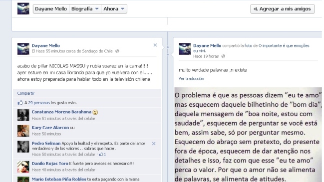 Publicación en Facebook de Dayane Mello acusó a Massú de infidelidad