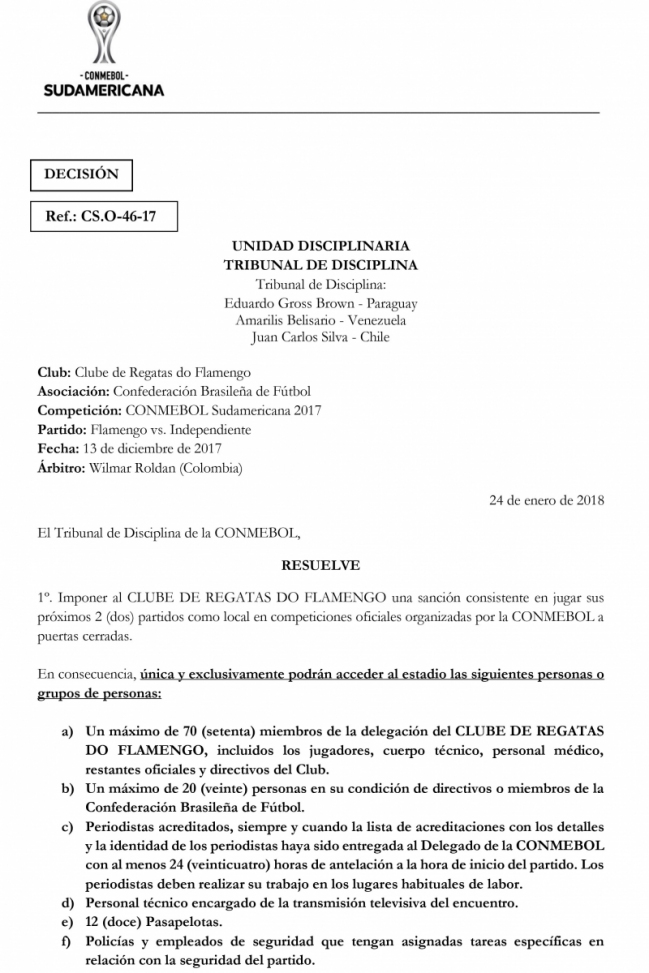 Conmebol sancionó a Flamengo por los actos de violencia en la final de la Copa Sudamericana