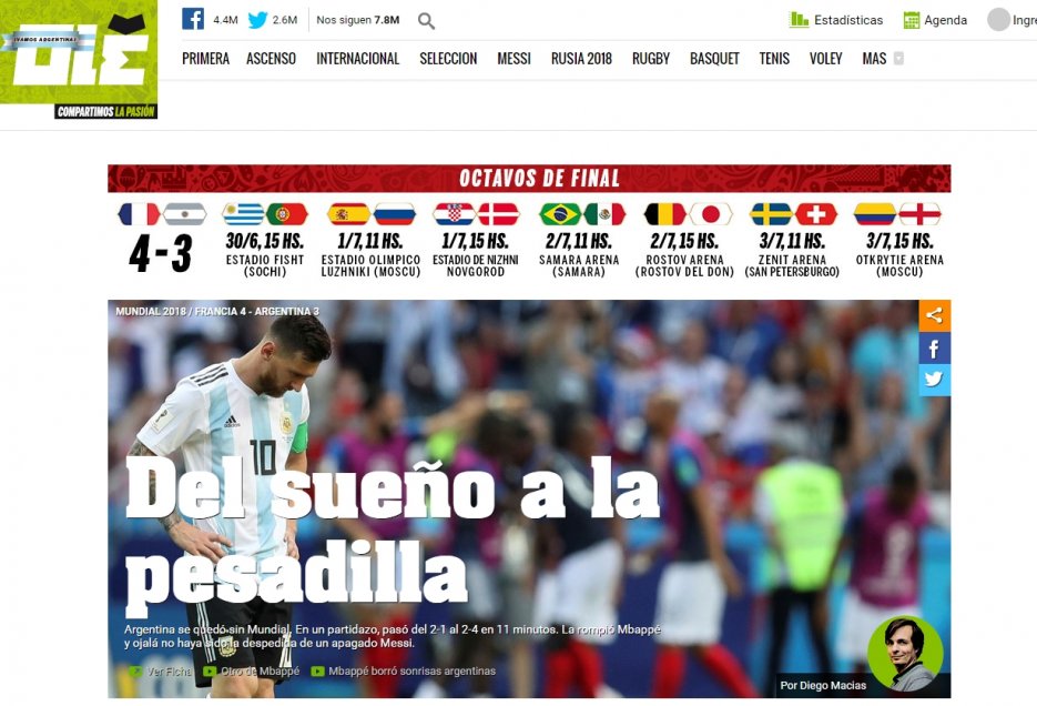 Medios argentinos lamentaron la eliminación y la “triste imagen” dejada en Rusia 2018