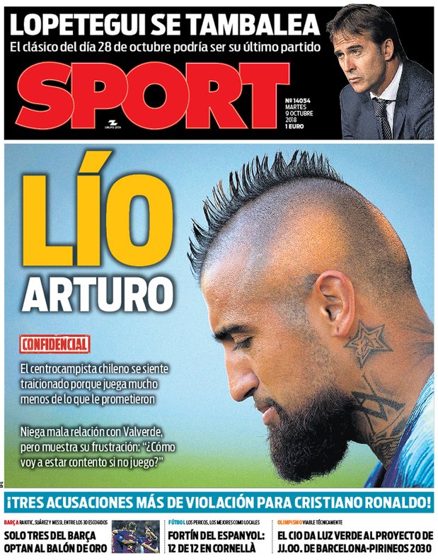 Arturo Vidal se tomó la portada de diario catalán debido a su molestia por jugar poco en Barcelona