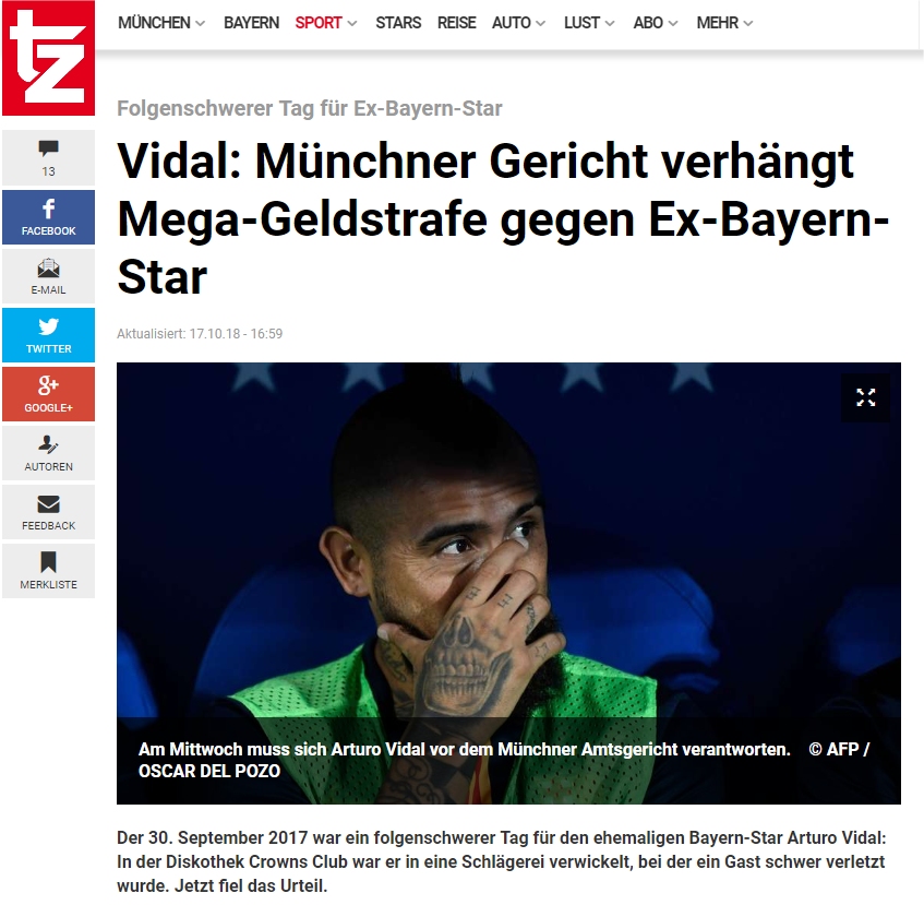 Medio alemán afirmó que Arturo Vidal arriesga millonaria multa por altercado en disco de Munich