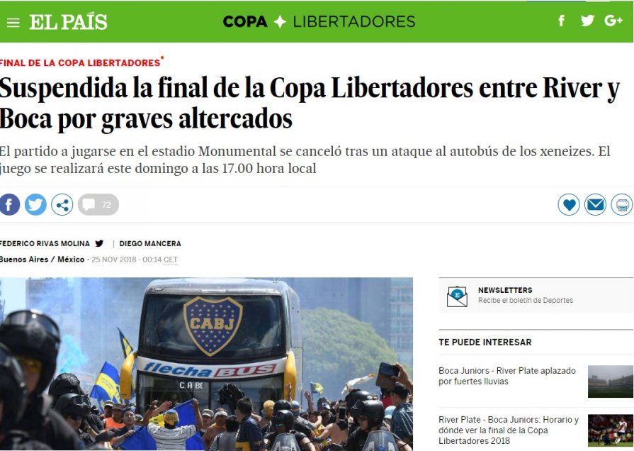 La reacción de la prensa internacional ante el “papelón” de River Plate y Boca Juniors