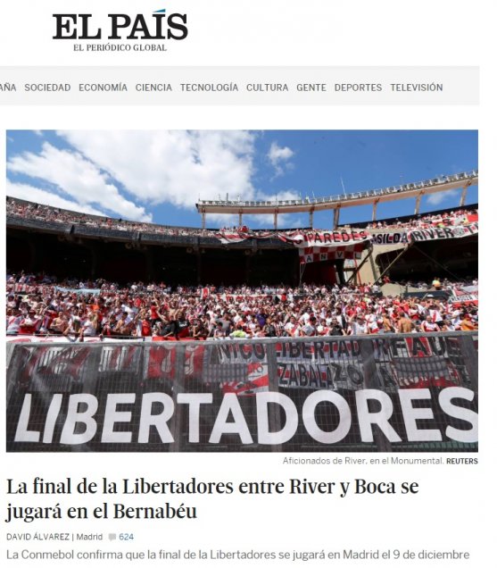 La reacción de la prensa mundial tras elección del estadio de Real Madrid para la final River-Boca