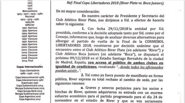 River Plate manifestó “total rechazo” a jugar la final ante Boca en Madrid