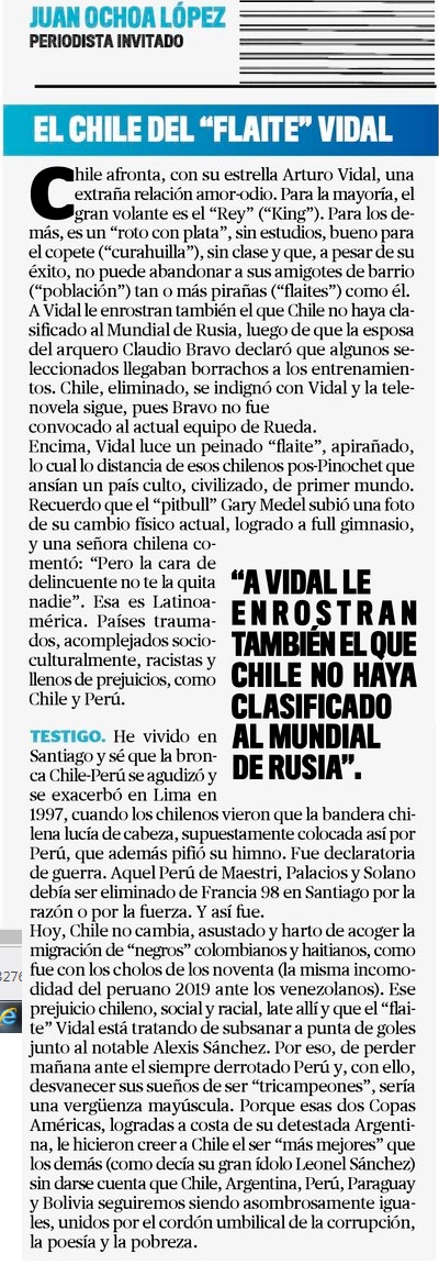 Escritor peruano generó polémica con columna titulada “El Chile del Flaite Vidal”