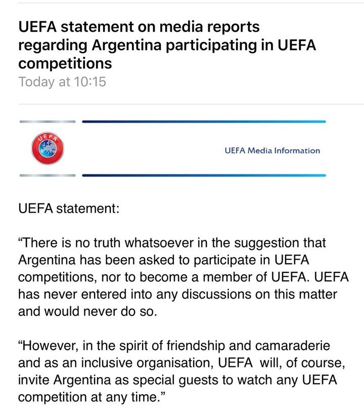 La UEFA aseguró que no ha invitado a Argentina a competir en sus torneos