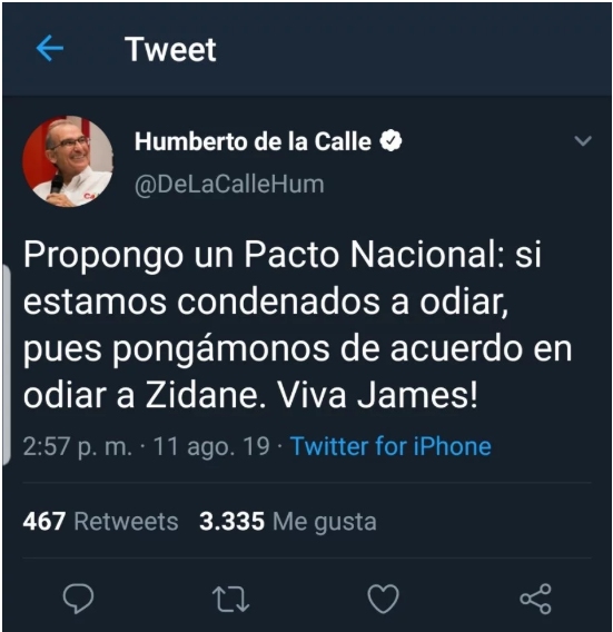 Ex vicepresidente de Colombia propuso “Pacto Nacional” para odiar a Zidane por trato a James Rodríguez