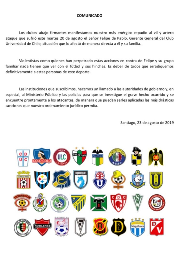 Clubes del fútbol chileno se unieron para repudiar ataque al gerente de Azul Azul Felipe De Pablo