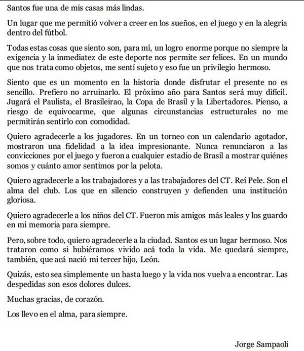 “Un lugar que me permitió volver a creer en los sueños”: La despedida de Sampaoli de Santos