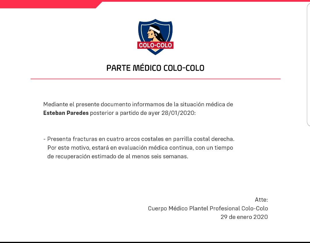 Esteban Paredes estará cerca de un mes y medio fuera de las canchas
