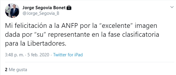 Jorge Segovia “felicitó” a la ANFP por “excelente” imagen de “su” representante en la Libertadores