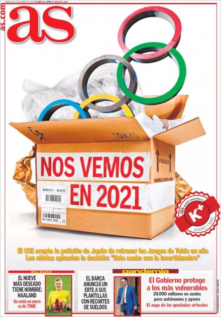 Las portadas de los diarios deportivos del mundo tras la postergación de Tokio 2020