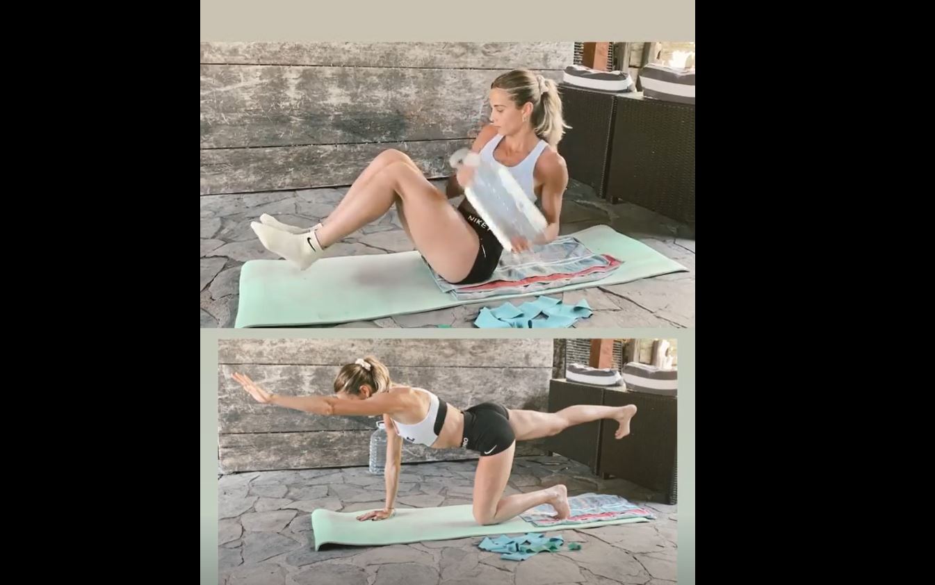 Isidora Jiménez entrena con un bidón de agua durante la cuarentena