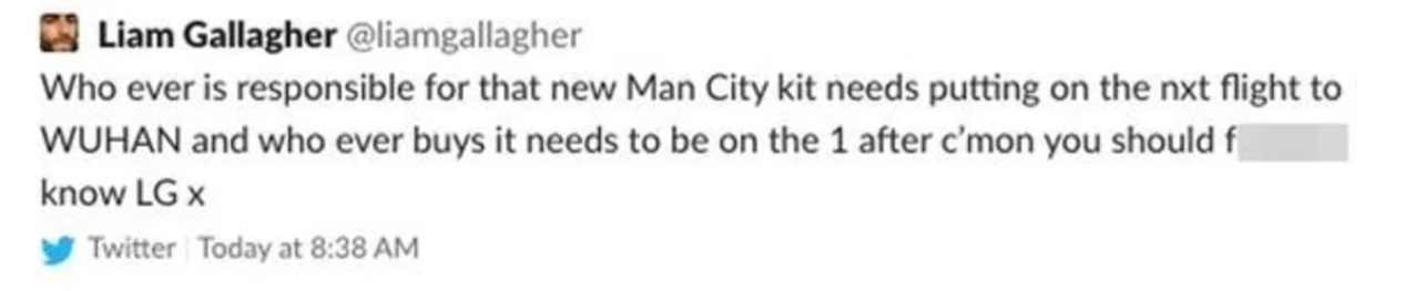 Liam Gallagher “recomendó” a diseñador del City irse a la ciudad de origen del coronavirus