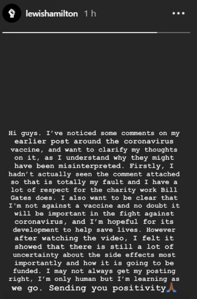 Lewis Hamilton desató controversia y lo acusaron de antivacuna al compartir video contra Bill Gates