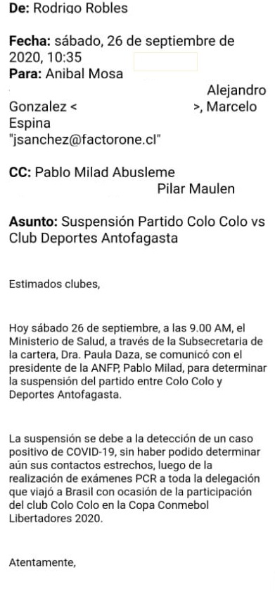 El correo electrónico que respalda la versión de Colo Colo por suspensión del partido con Antofagasta
