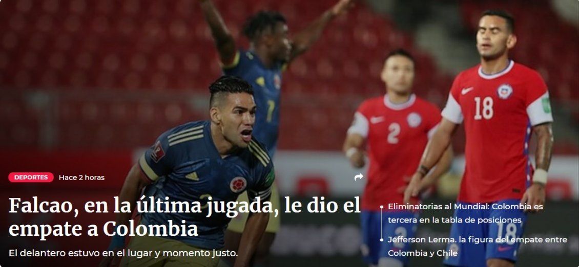 Prensa colombiana se mostró eufórica con el agónico empate contra Chile y destacó a Falcao