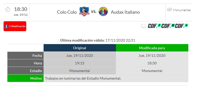 Partido de Colo Colo con Audax Italiano tuvo cambio de programación