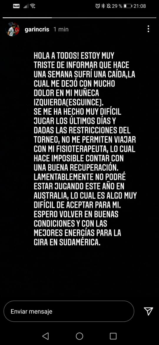 Cristian Garin anunció que no podrá jugar el Abierto de Australia