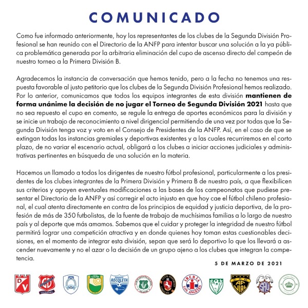 Clubes de Segunda División mantienen su postura de no jugar por negativa de la ANFP a sus peticiones