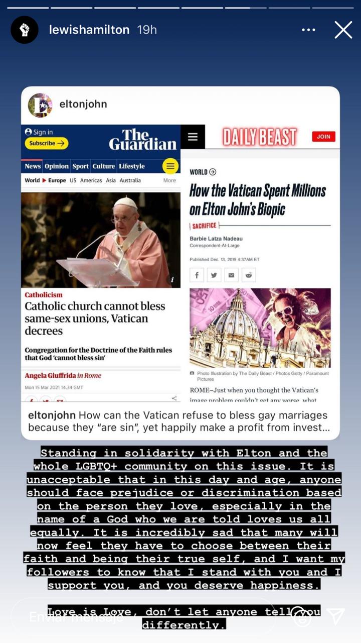 Lewis Hamilton cargó contra la Iglesia Católica: Es inaceptable la discriminación