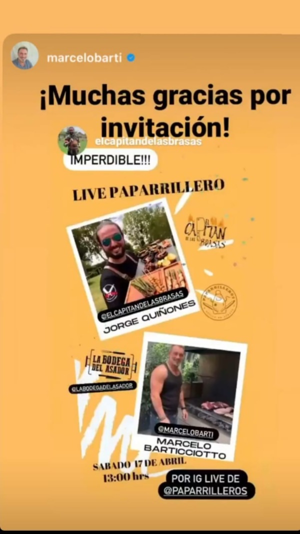 Marcelo Barticciotto participará de un “asado virtual” con “El capitán de las brasas”