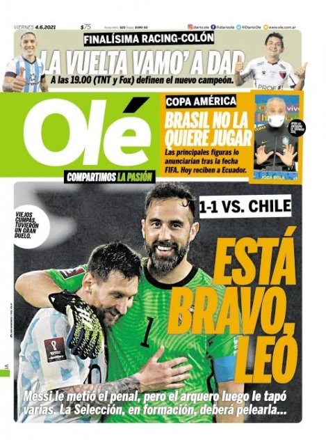 Claudio Bravo compartió la portada del diario Olé con Messi