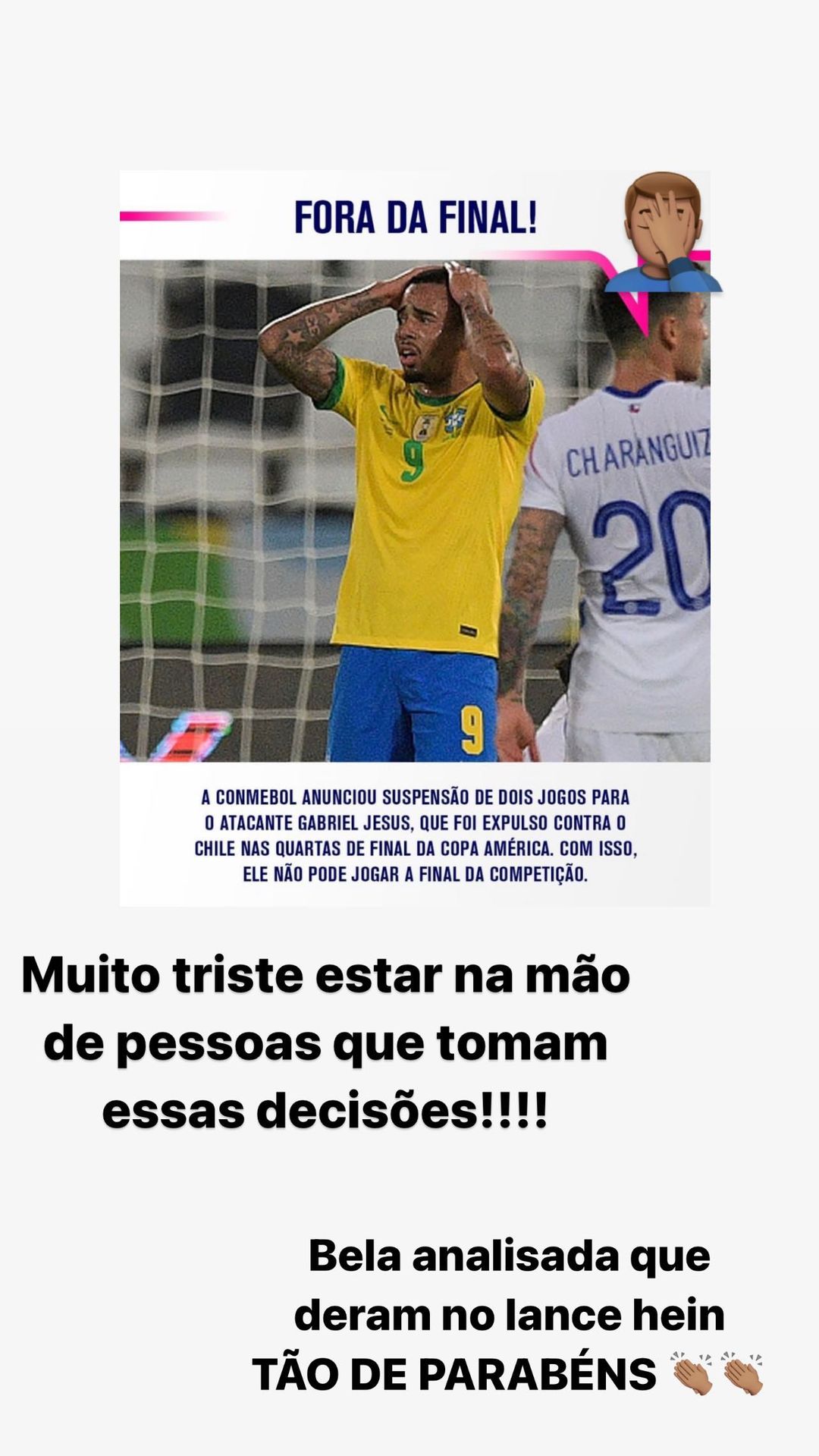 Neymar se enojó por la sanción a Gabriel Jesús tras patada en la cara a Eugenio Mena