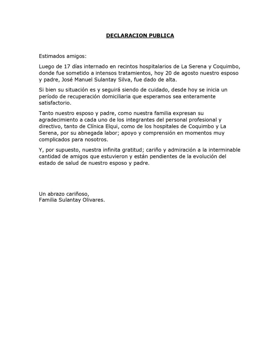 José Sulantay recibió el alta médica tras sufrir accidente vascular