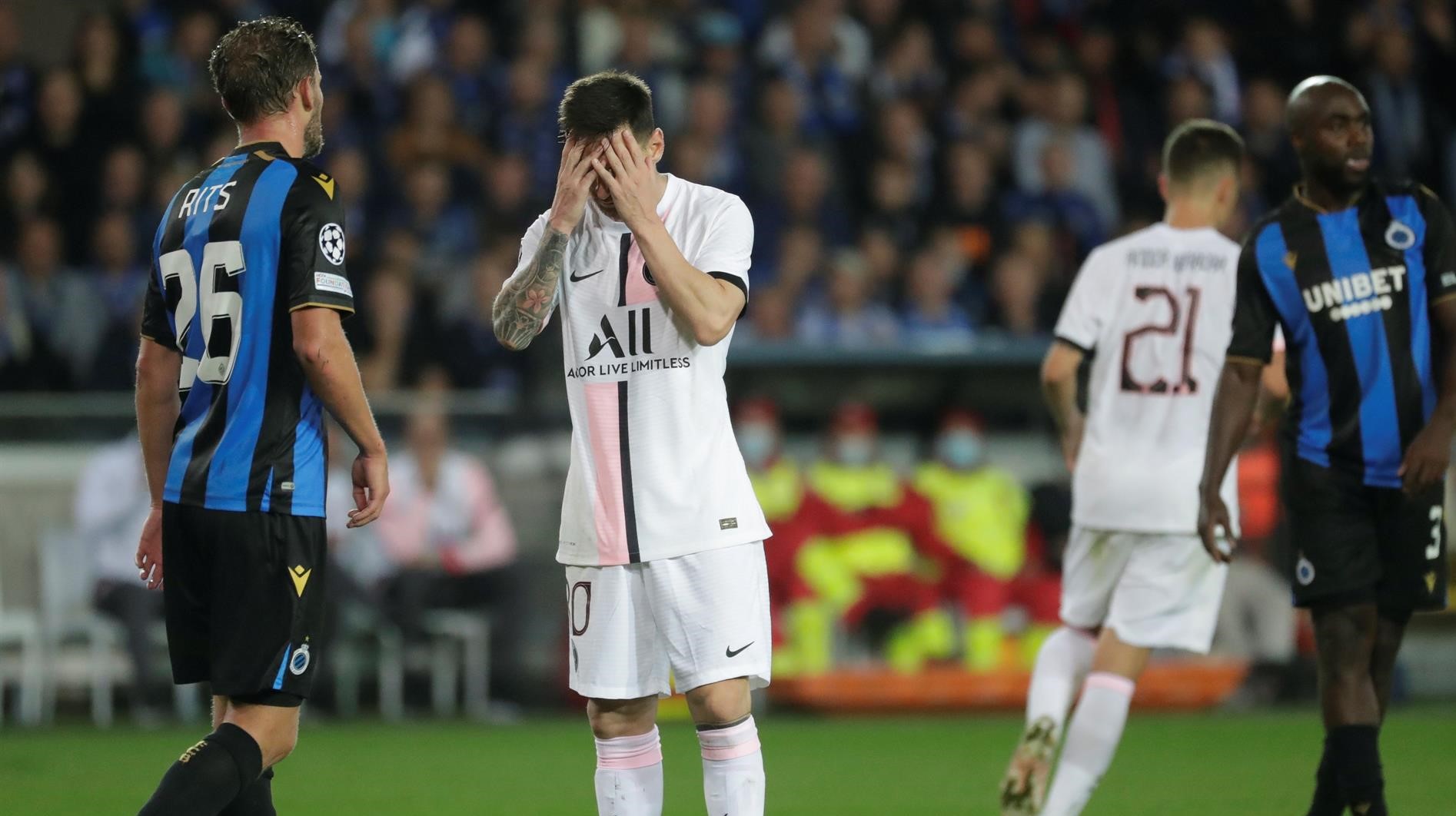 Champions: El palo evitó un golazo de Messi en el empate de PSG y Club Brujas en Bélgica