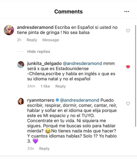 Ryan Torrero respondió a internauta que la troleó por escribir en inglés