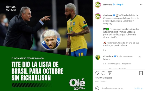 ¿Molesto por no ser nominado en Brasil? Richarlison volvió a responder a publicación de Olé