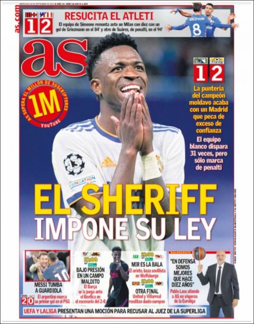 Los diarios españoles resaltaron el batacazo que dio Sheriff ante Real Madrid