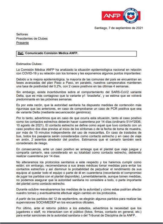 ANFP advirtió en septiembre los riesgos de la variante Delta de coronavirus