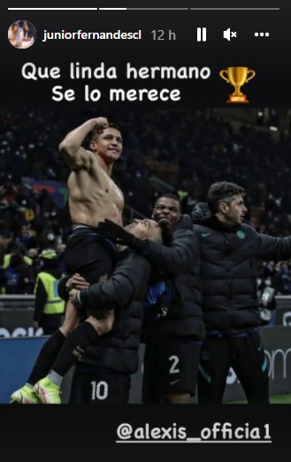 Las felicitaciones de Junior Fernandes a su “hermano” Alexis Sánchez: “Se lo merece”