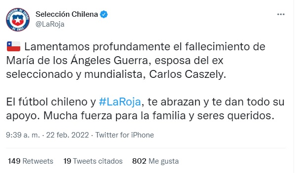 Las condolencias del mundo del fútbol a Carlos Caszely por el fallecimiento de su esposa