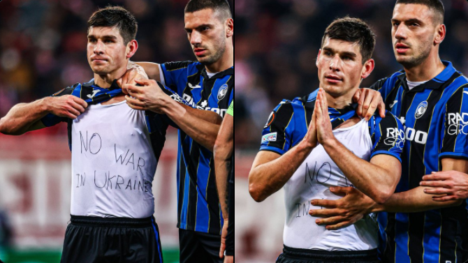 El ucraniano Malinovskyi anotó doblete para Atalanta en Europa League y mostró mensaje contra la guerra