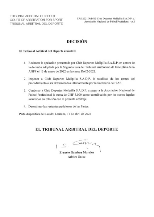 TAS rechazó apelación de Deportes Melipilla contra la ANFP y le condenó a pagar los costes
