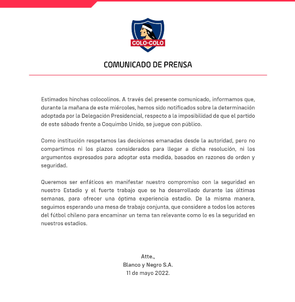 Delegación Presidencial y Colo Colo evalúan aforo de 10 mil hinchas para el duelo con Coquimbo