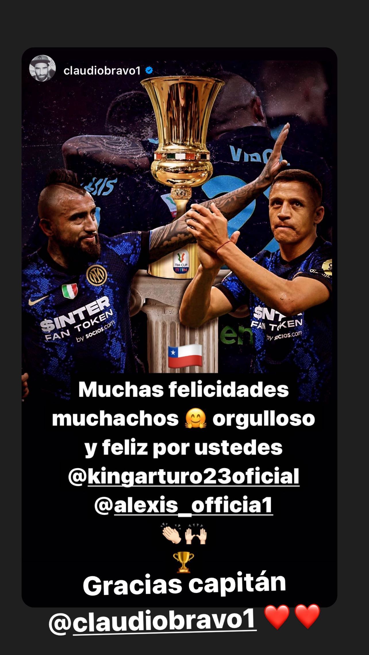 “Orgulloso y feliz por ustedes”: Claudio Bravo se sumó a las felicitaciones para Vidal y Sánchez