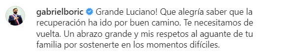 Boric se alegró por el alta médica de Aued: Grande Luciano, te necesitamos de vuelta