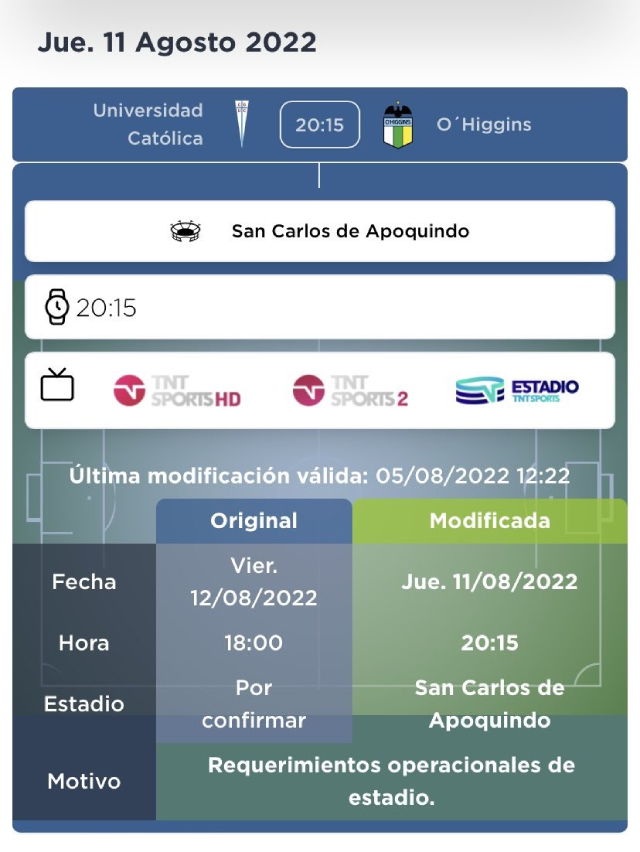ANFP adelantó duelo de la UC ante O’Higgins y se jugará en San Carlos de Apoquindo