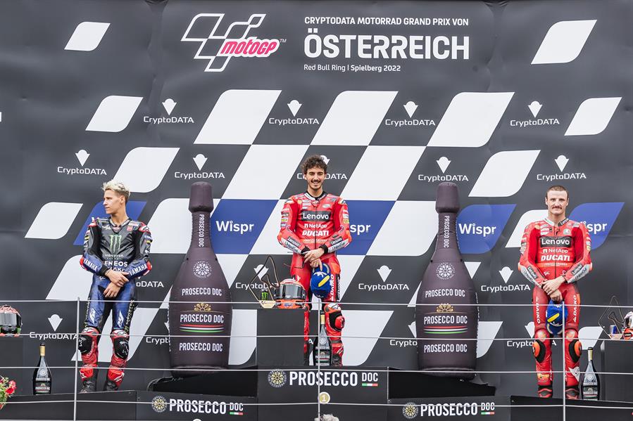 Francesco Bagnaia ganó el Gran Permio de Austria del Moto GP y Quartararo sostuvo el liderato