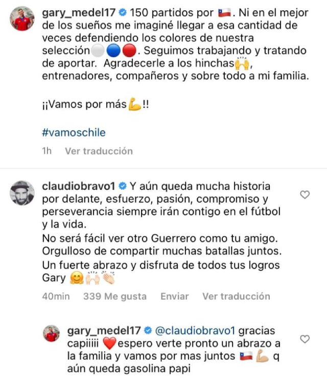 El mensaje de Bravo a Medel por sus 150 partidos con Chile: No será fácil ver otro guerrero como tú