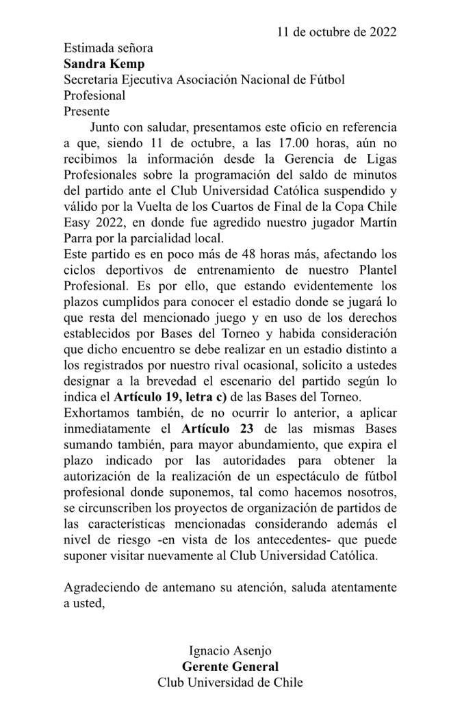 La carta que complica a la U tras pedido de puntos de Unión Española