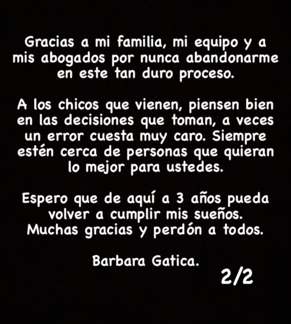 Bárbara Gatica: Cometí uno de los peores errores de mi vida, espero volver a cumplir mis sueños
