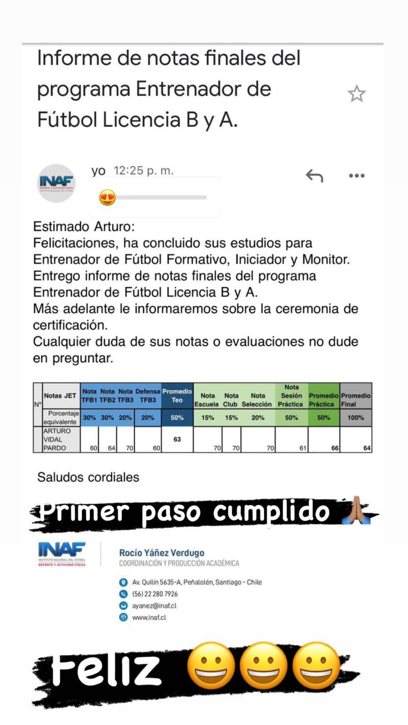 “Primer paso cumplido”: Arturo Vidal mostró sus destacadas calificaciones en curso de entrenador