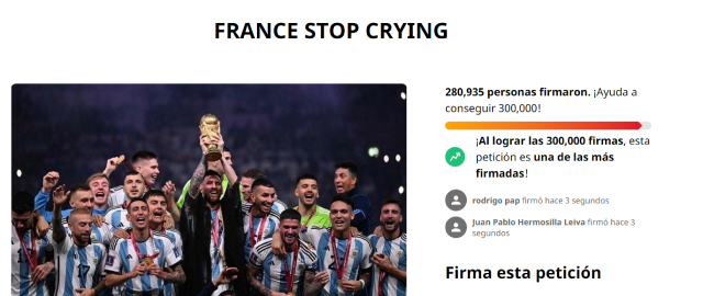 Hinchas argentinos juntan firmas para que “Francia deje de llorar” por la final de Qatar