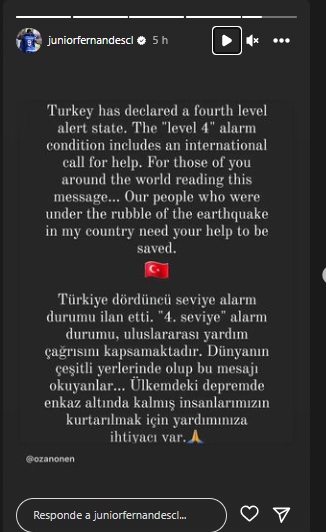 Junior Fernandes pidió ayuda para Turquía tras devastador terremoto