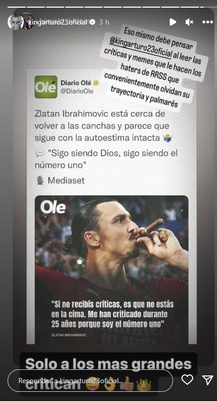 Vidal se apoyó en noticia de Zlatan y respondió a detractores: Solo a los más grandes los critican